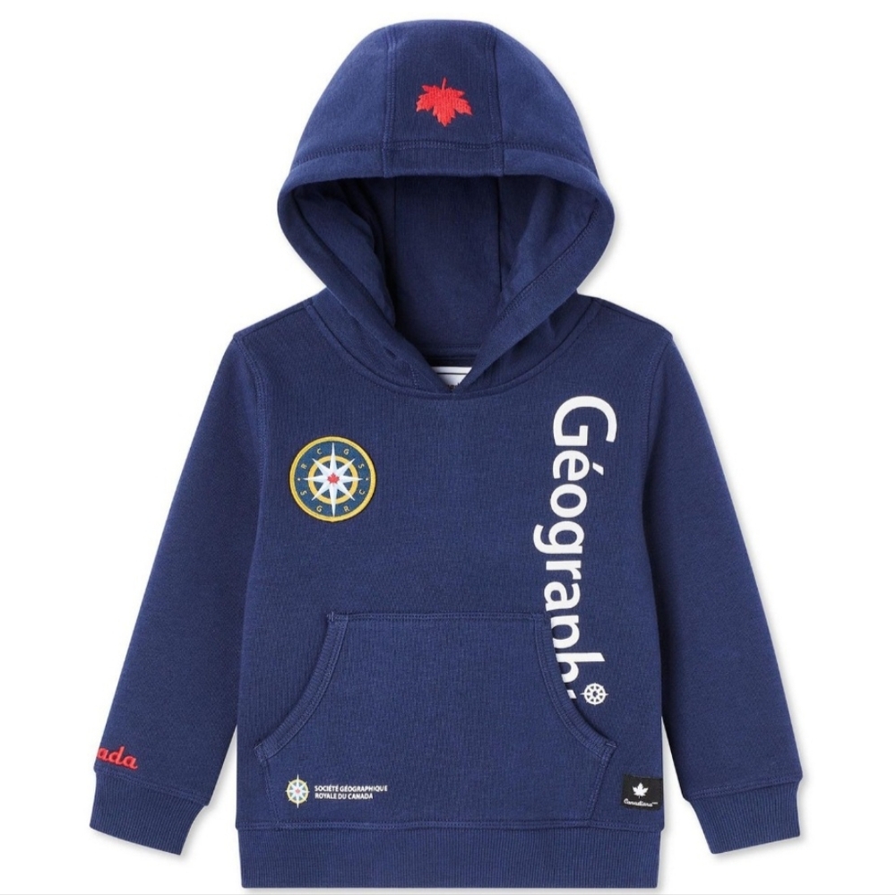 Brand New Canadiana Kids Blue Geographic Hoodie with Red Leaf Design
